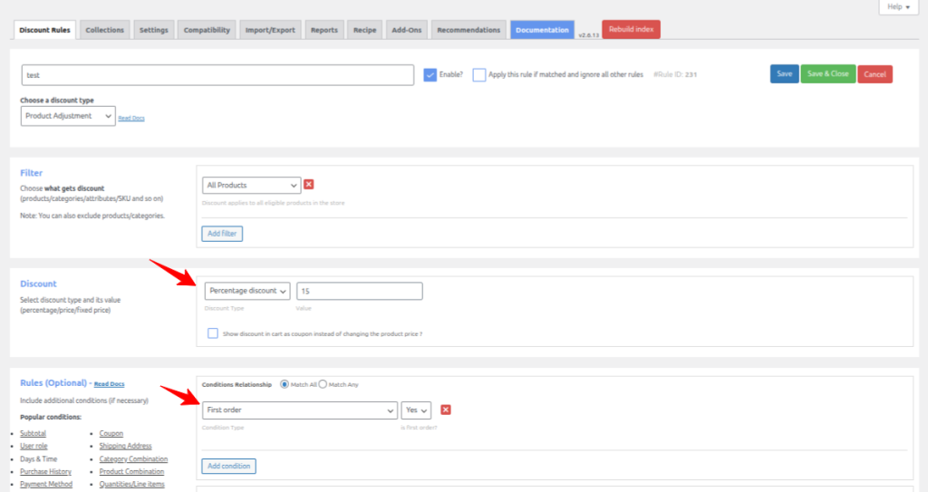 Discount section showing Percentage discount selected with value 15