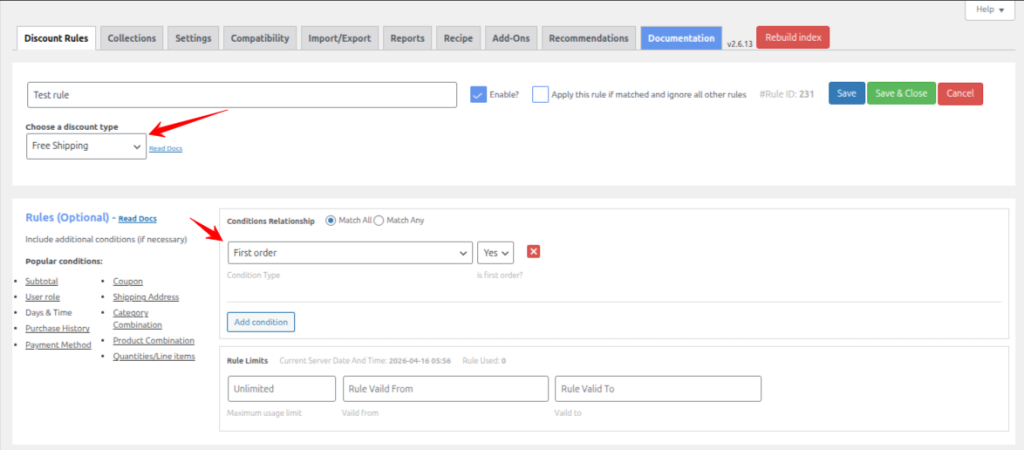 Free Shipping rule with First Order condition - annotate the discount type and condition