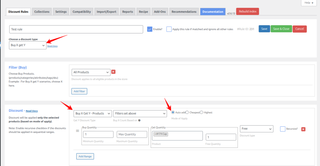 Full BOGO configuration with autoadd mode and First Order condition - annotate each setting