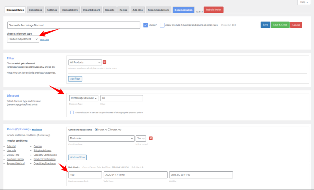 Rule Limits tab showing start date, end date, and usage limit fields