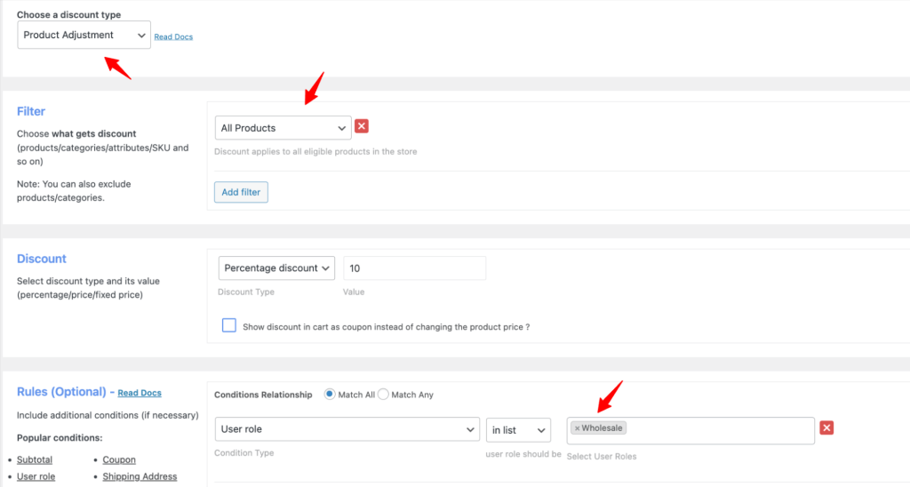 Condition section with User Role