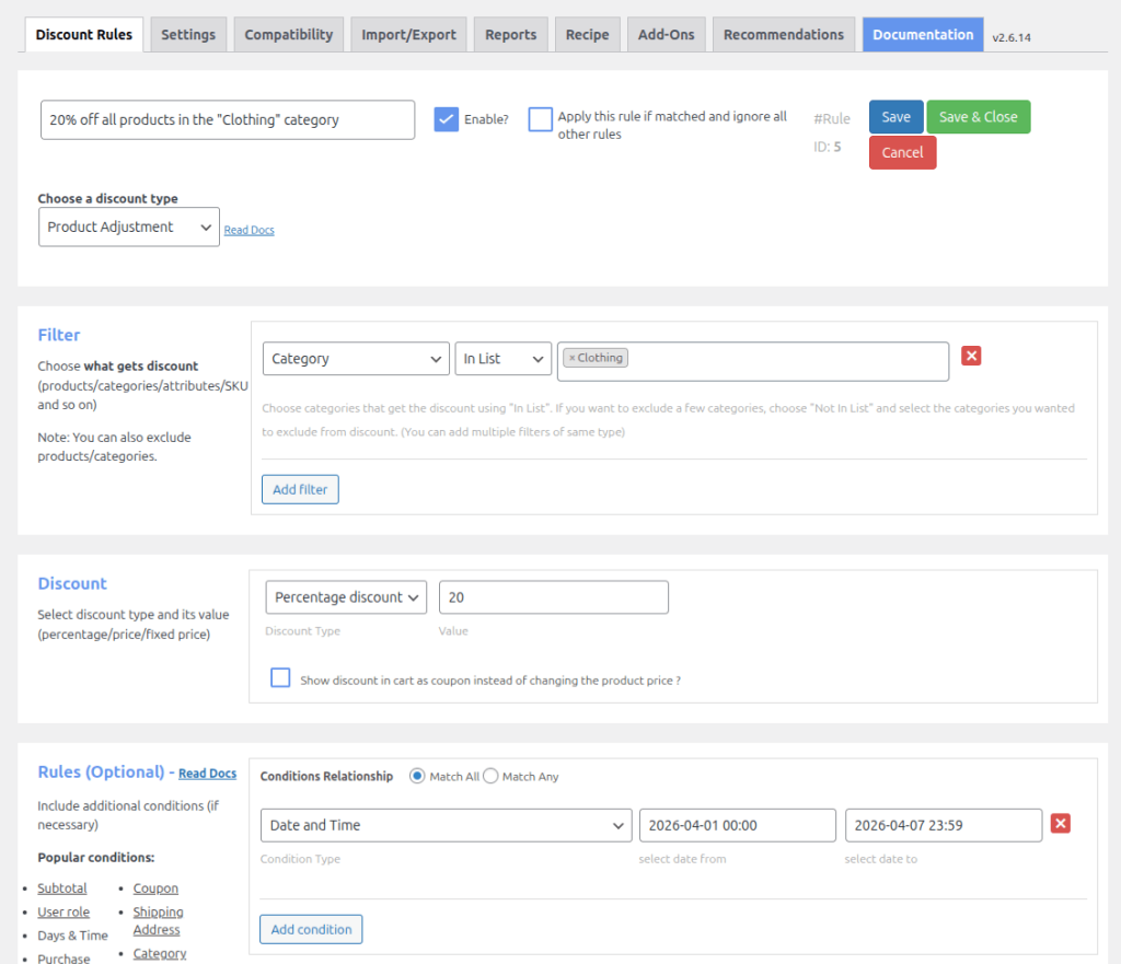 Scheduled pricing rule with date/time condition.