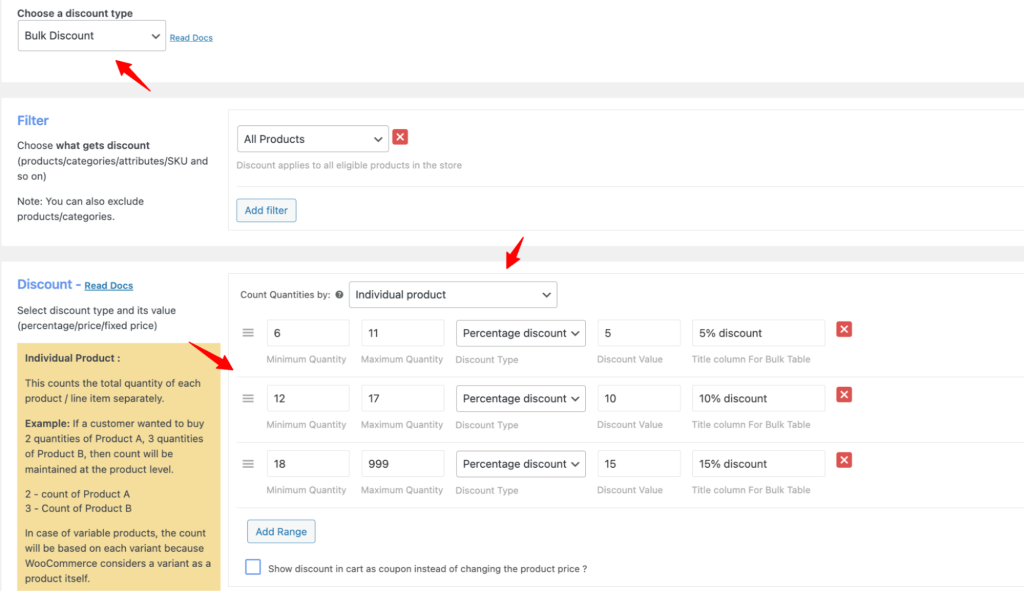 Three tiers configured with min/max and percentage values