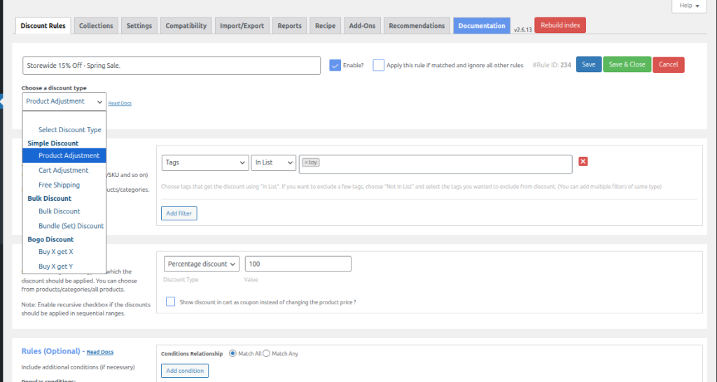 Discount Type dropdown with Product Adjustment highlighted