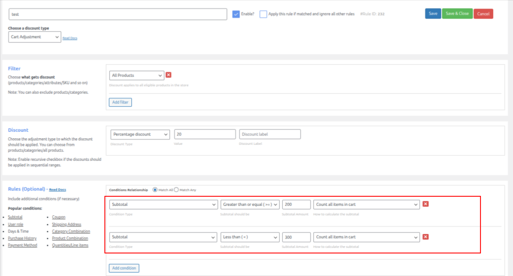 Rule 1 configuration - $100–$199 tier