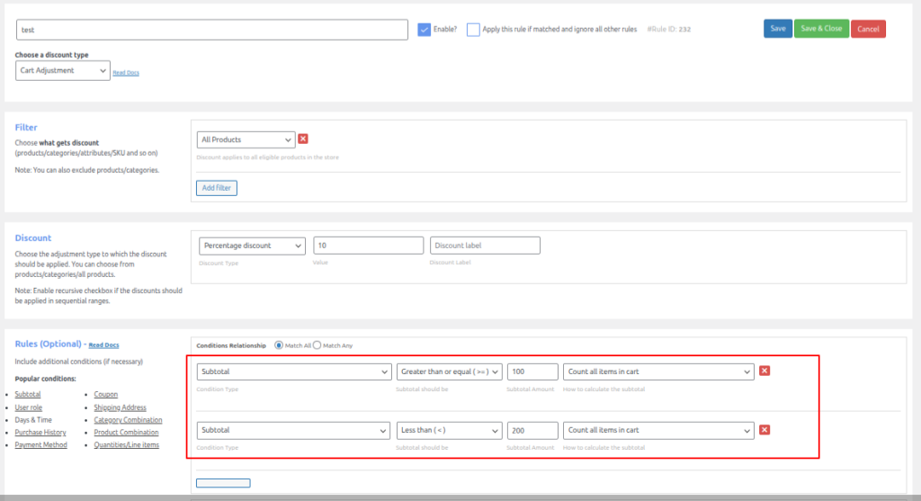 Rule 2 configuration - $200–$299 tier