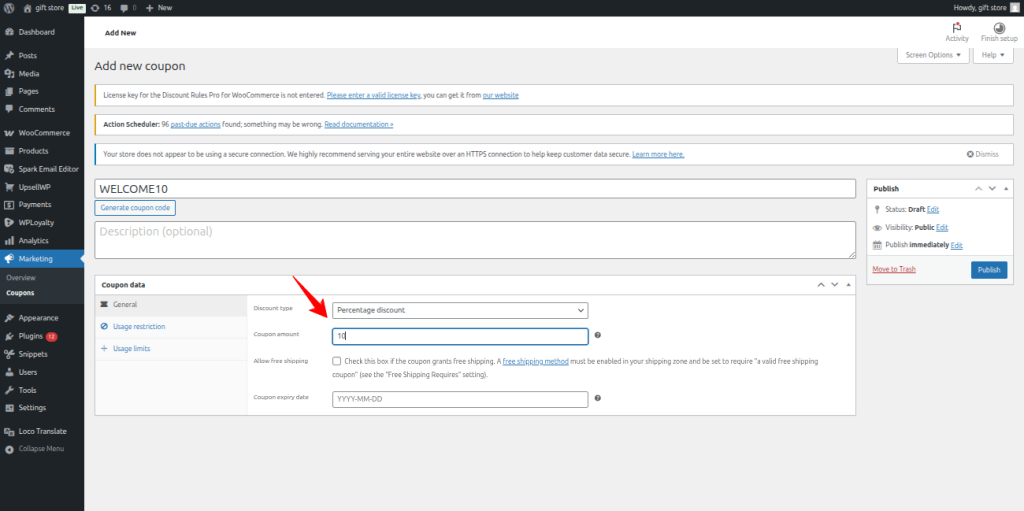 Set percentage discount in WooCommerce coupon