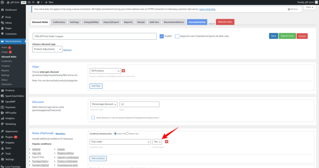 Set the First order discount using Discount Rules Plugin