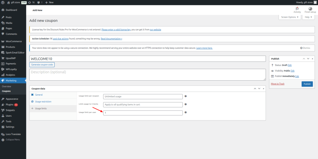 Set usage limit for the WooCommerce coupon