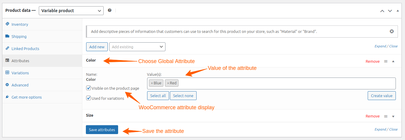 Assigning attributes to products in WooCommerce
