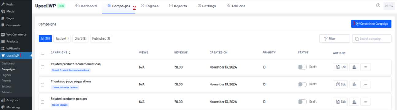 Creating a new campaign in UpsellWP