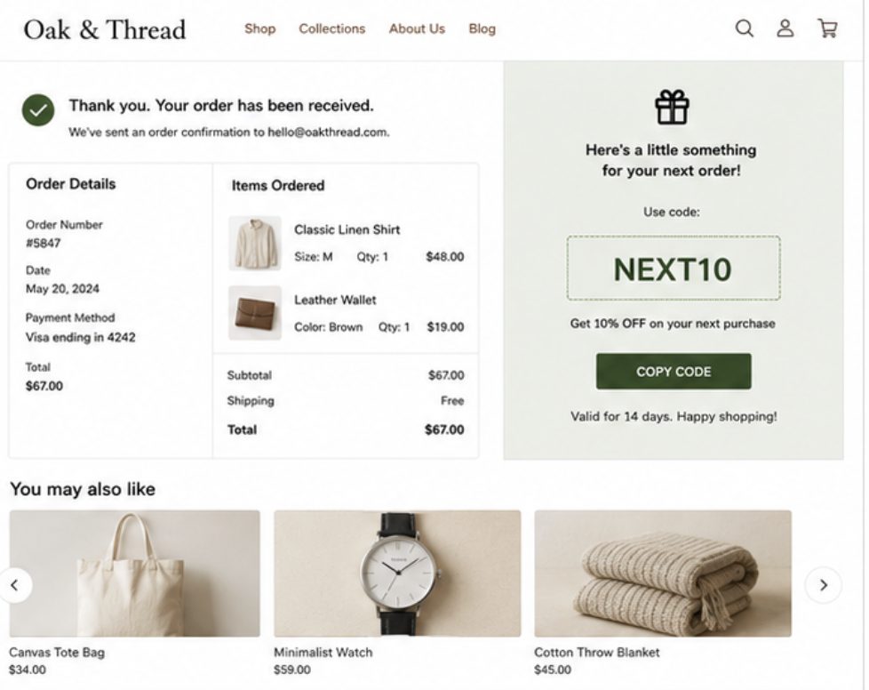 Demo of Displaying Next-Order Coupons on Thank-you Pages Using UpsellWP