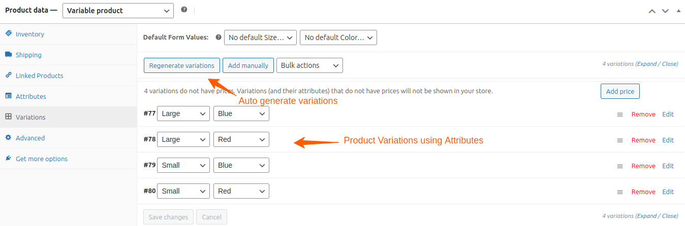 Using attributes to create product variations