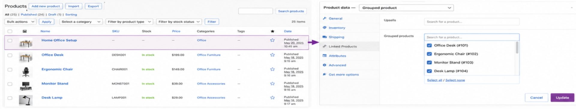 Adding products to the Grouped Products