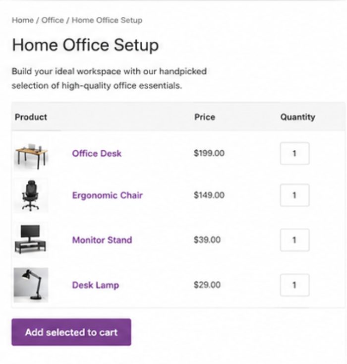 Frontend view of a WooCommerce grouped product